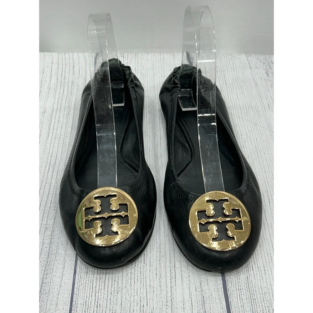 Tory‎ Burch Sz 8? Minnie Flats Black Leather Gold Logo Medallion Ballet Slip On